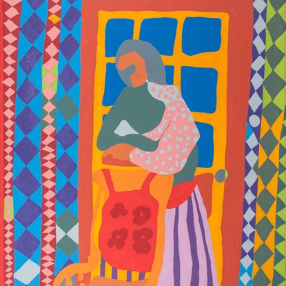 Woman with Checkered Wall by Jim Stoker